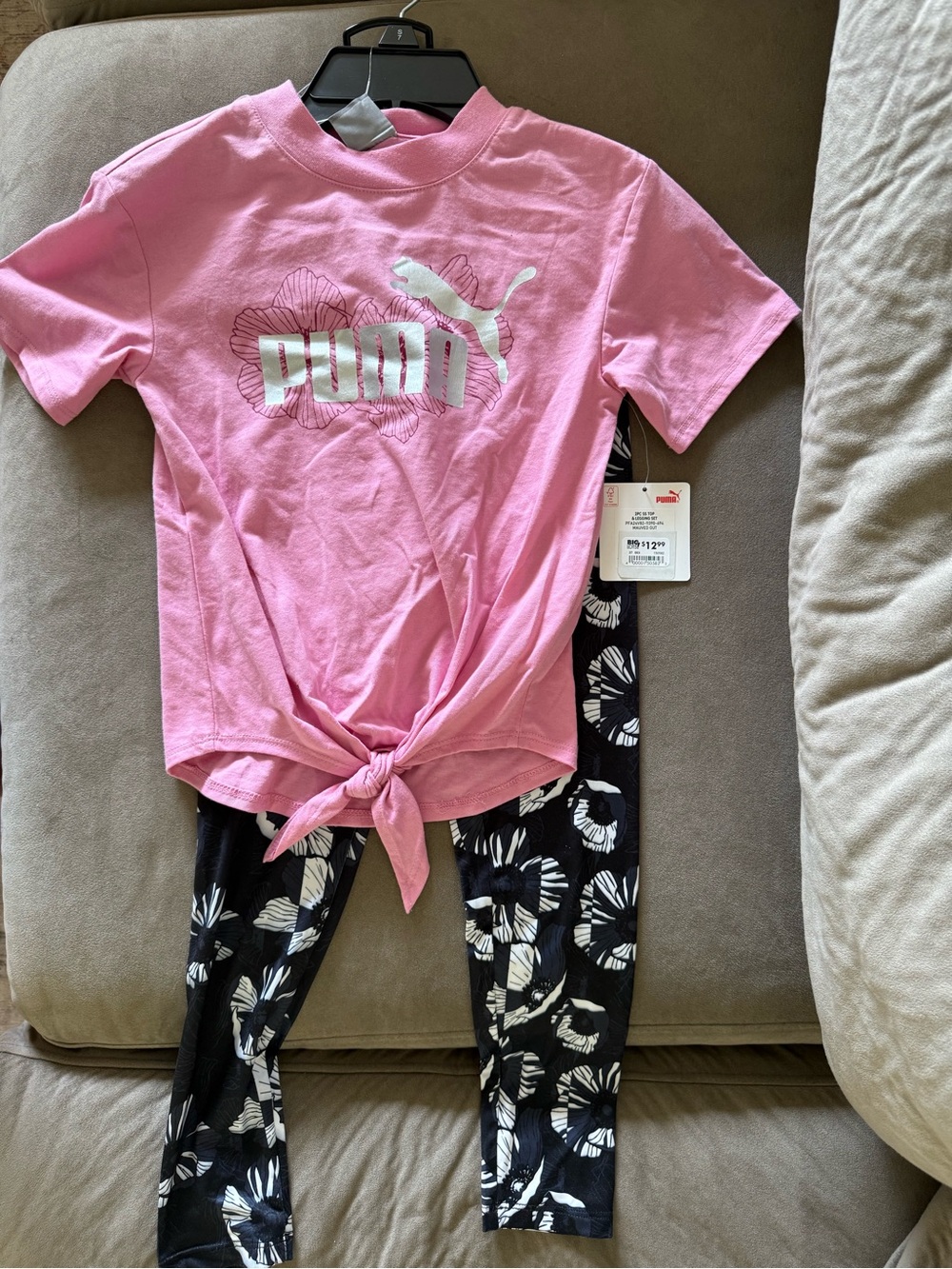 Puma Pink Tie-Front Tee with Black Floral Leggings